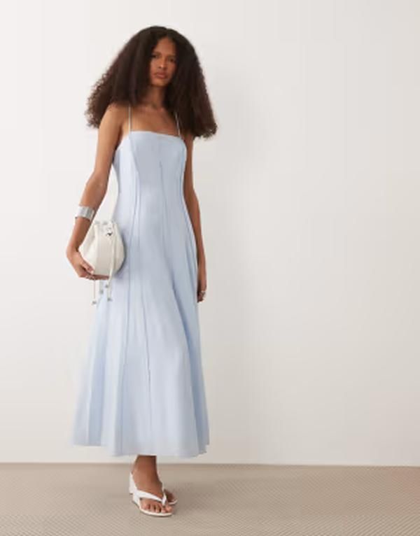 マンゴ レディース トップス ワンピース マキシ Mango seam detail square neck maxi dress in pastel BLUE ブルー