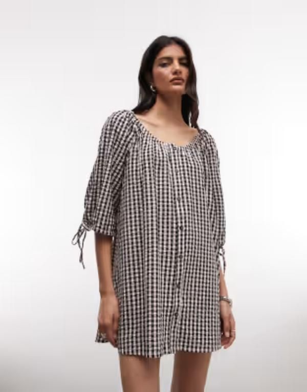 コルージョン レディース トップス ワンピース ギンガムチェック ミニ ギンガム COLLUSION smock long sleeve mini dress and black gingham BE