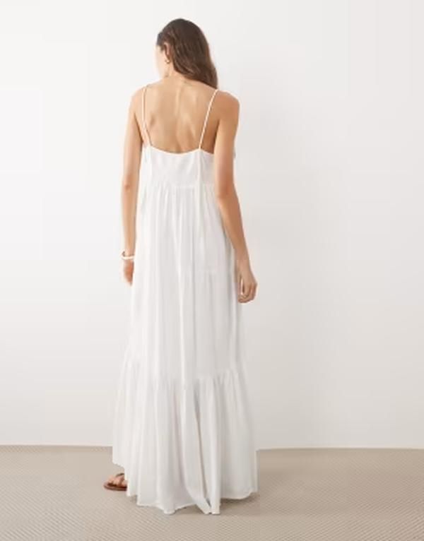 マンゴ レディース トップス ワンピース ティアード Tシャツ マキシ Mango Teen tiered strappy maxi dress with embellished trim WHITE