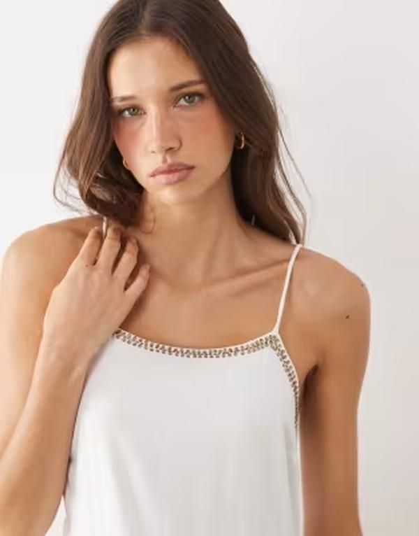 マンゴ レディース トップス ワンピース ティアード Tシャツ マキシ Mango Teen tiered strappy maxi dress with embellished trim WHITE