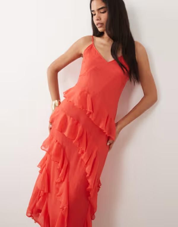 ヴェロモーダ レディース トップス ワンピース シフォン フリル ミディ Vero Moda Smilla Chiffon cami ruffle detail midi dress Poinsett ヴェロモーダ レディース トップス ワンピース シフォン フリル ミディ Vero Moda Smilla Chiffon cami ruffle detail midi dress Poinsett