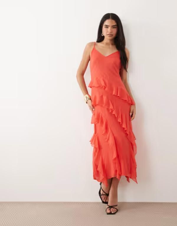 ヴェロモーダ レディース トップス ワンピース シフォン フリル ミディ Vero Moda Smilla Chiffon cami ruffle detail midi dress Poinsett