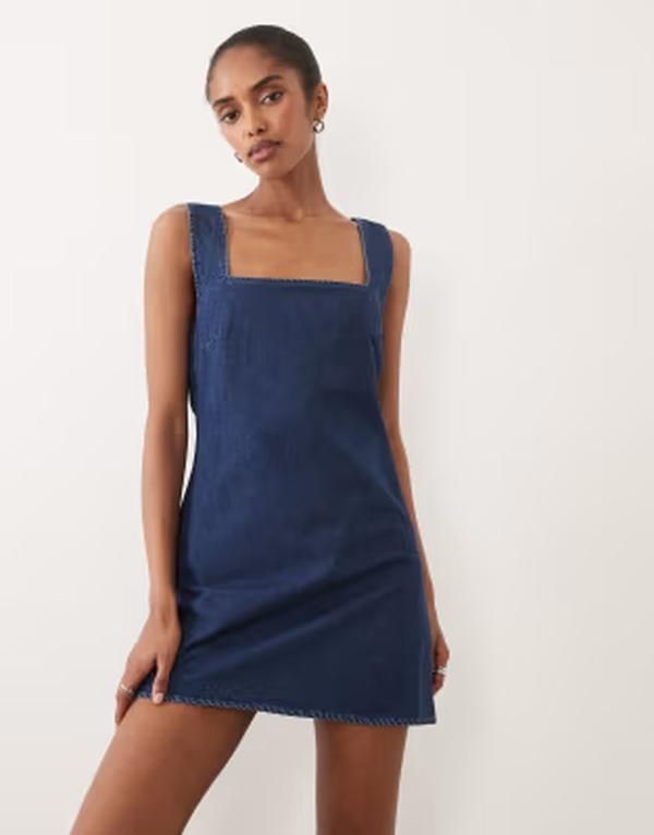 エイソス レディース トップス ワンピース ミニ デニム ASOS DESIGN denim square neck mini dress in mid BLUE ブルー