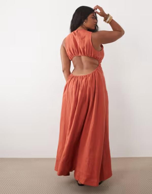エイソス レディース トップス ワンピース オープンバック リネン マキシ ASOS Curve ASOS DESIGN Curve premium 100 linen waisted maxi dr