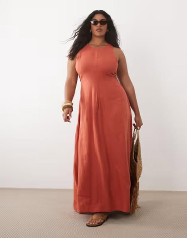 エイソス レディース トップス ワンピース オープンバック リネン マキシ ASOS Curve ASOS DESIGN Curve premium 100 linen waisted maxi dr