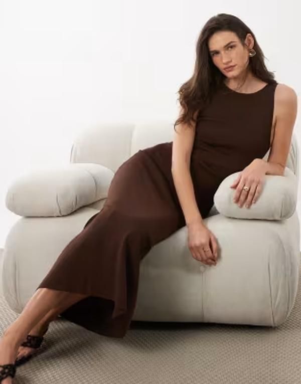 マンゴ レディース トップス ワンピース ミディ ノースリーブ Mango boat neck sleeveless midi dress in dark BROWN ブラウン