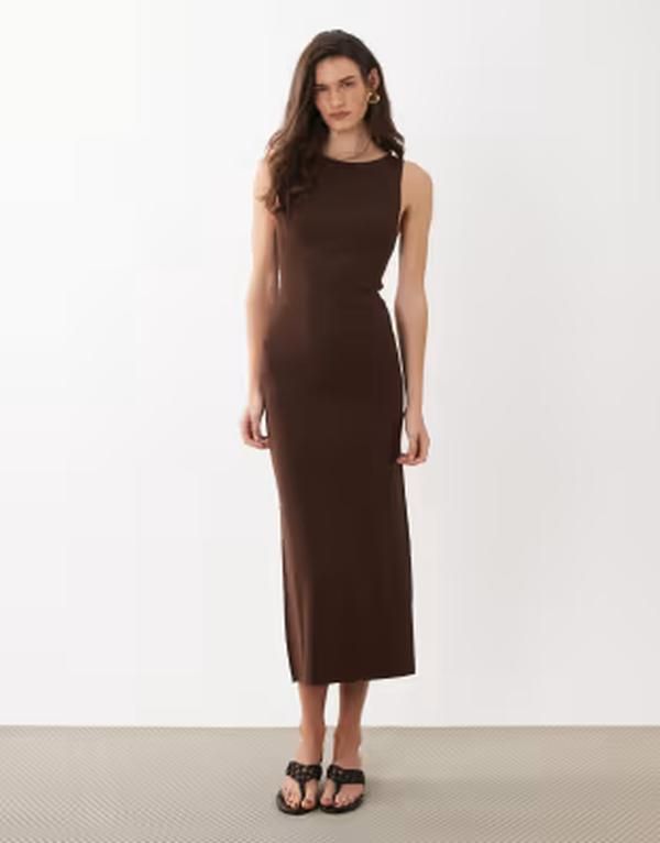 マンゴ レディース トップス ワンピース ミディ ノースリーブ Mango boat neck sleeveless midi dress in dark BROWN ブラウン マンゴ レディース トップス ワンピース ミディ ノースリーブ Mango boat neck sleeveless midi dress in dark BROWN ブラウン