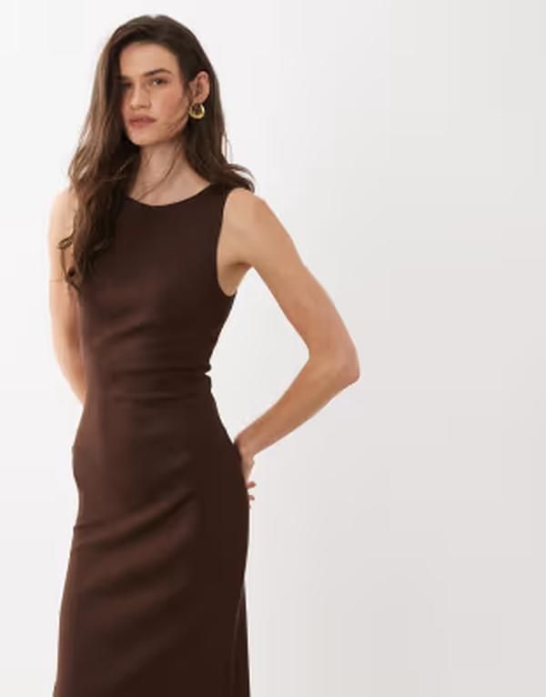 マンゴ レディース トップス ワンピース ミディ ノースリーブ Mango boat neck sleeveless midi dress in dark BROWN ブラウン マンゴ レディース トップス ワンピース ミディ ノースリーブ Mango boat neck sleeveless midi dress in dark BROWN ブラウン