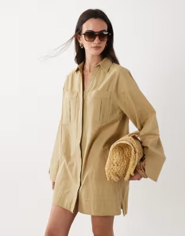 エイソス レディース トップス ワンピース ミニ シャツ コットン リネン ASOS DESIGN cotton linen mini shirt dress with wide cuffs and