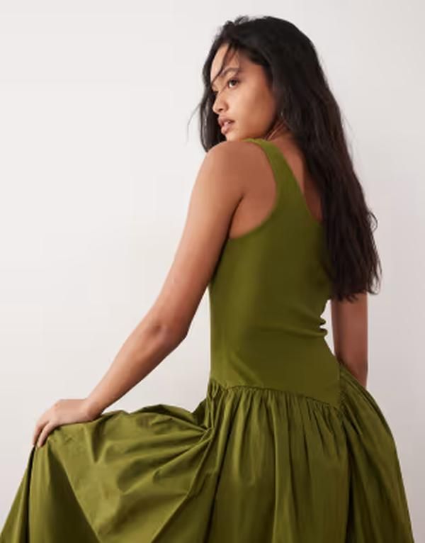 エイソス レディース トップス ワンピース ミディ スカート ASOS DESIGN basque waist midi dress with woven skirt in olive オリーブ