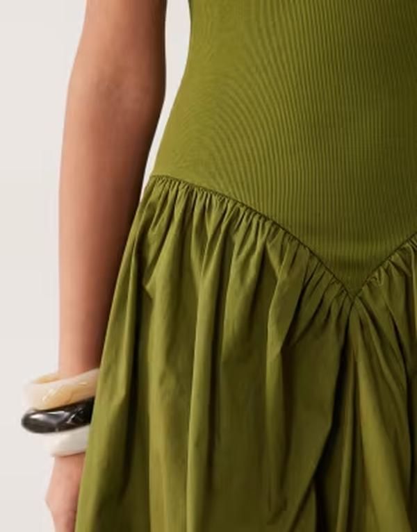 エイソス レディース トップス ワンピース ミディ スカート ASOS DESIGN basque waist midi dress with woven skirt in olive オリーブ