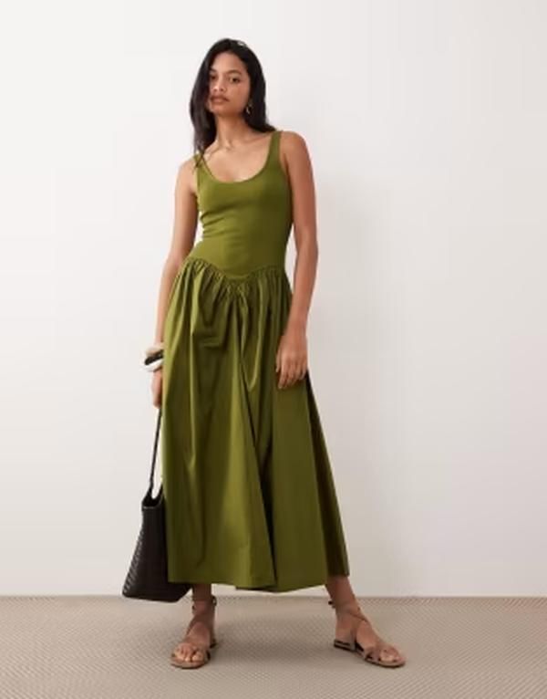 エイソス レディース トップス ワンピース ミディ スカート ASOS DESIGN basque waist midi dress with woven skirt in olive オリーブ