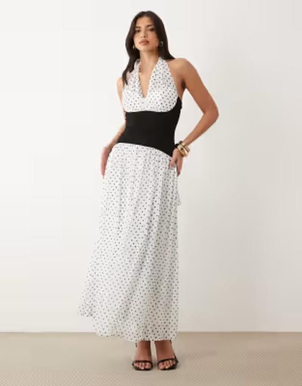ティエフエヌシー レディース トップス ワンピース シフォン ドット コントラスト マキシ ホルター TFNChiffon contrast waistband halter neck maxi dr
