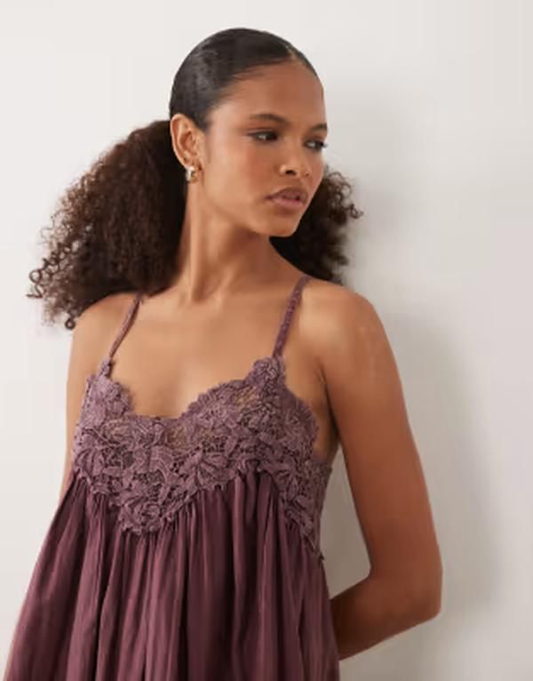 エイソス レディース トップス ワンピース Vネック レーストリム ミニ レース ASOS DESIGN v neck camini dress with lace trim in washed Bu エイソス レディース トップス ワンピース Vネック レーストリム ミニ レース ASOS DESIGN v neck camini dress with lace trim in washed Bu