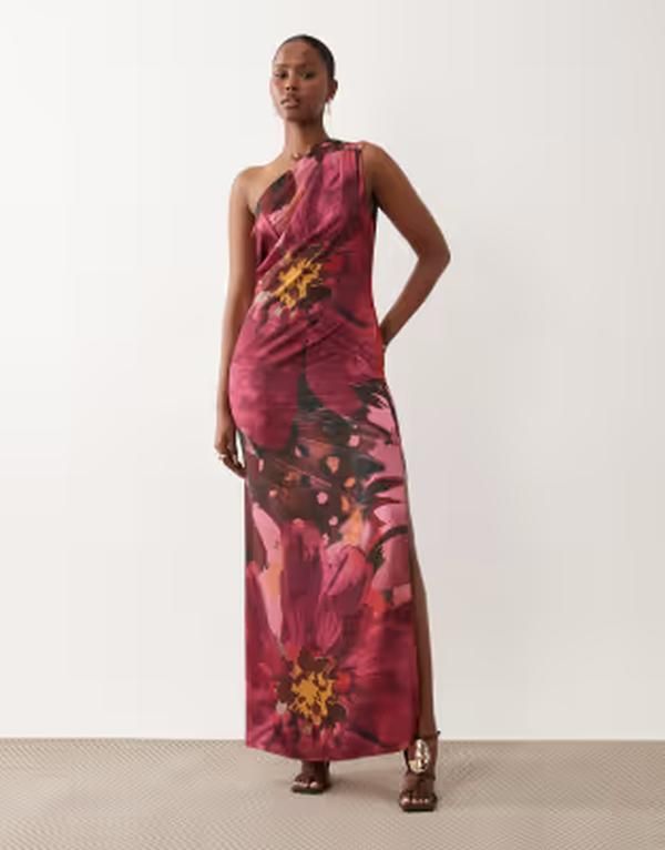 エイソス レディース トップス ワンピース フラワー柄 プリント サテン マキシ フラワー ASOS DESIGN one shoulder satin maxi dress with pleat d エイソス レディース トップス ワンピース フラワー柄 プリント サテン マキシ フラワー ASOS DESIGN one shoulder satin maxi dress with pleat d