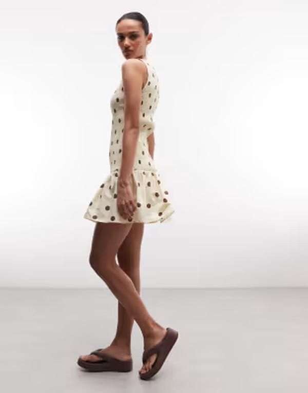 エイソス レディース トップス ワンピース ドット柄 ドット ミニ ノースリーブ ASOS DESIGN shirred sleeveless mini dress in buttermilk pol