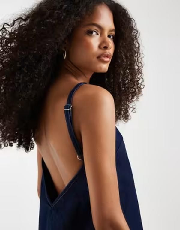エイソス レディース トップス ワンピース ミニ ASOS DESIGN mini shift dress with deep Vback wash Rinse Wash ブルー
