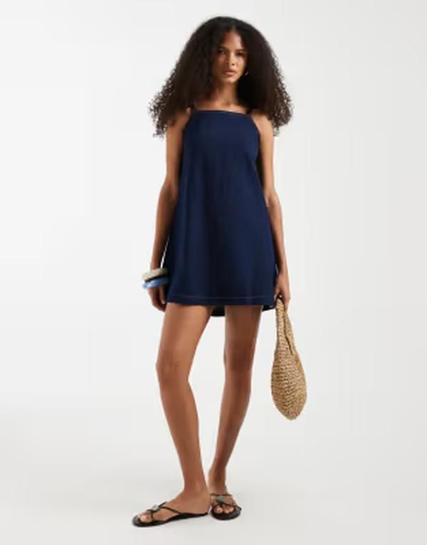 エイソス レディース トップス ワンピース ミニ ASOS DESIGN mini shift dress with deep Vback wash Rinse Wash ブルー