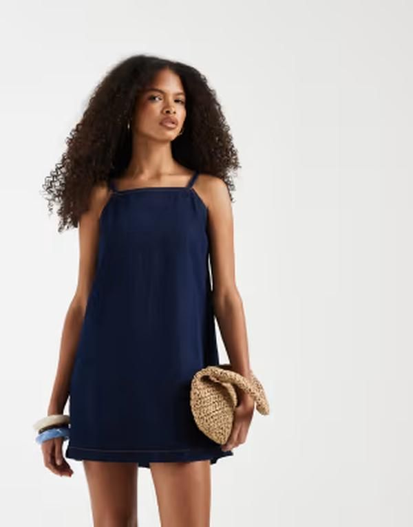 エイソス レディース トップス ワンピース ミニ ASOS DESIGN mini shift dress with deep Vback wash Rinse Wash ブルー
