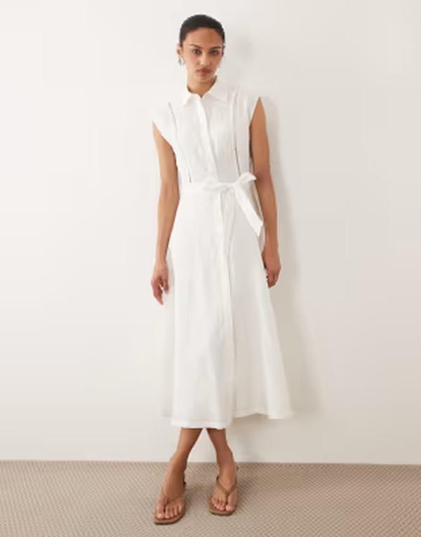 マンゴ レディース トップス ワンピース ミディ ノースリーブ リネン Mango 100 linen sleeveless midi dress ECRU エクリュ