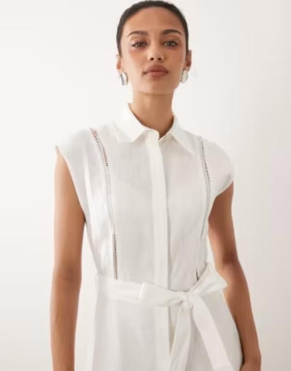 マンゴ レディース トップス ワンピース ミディ ノースリーブ リネン Mango 100 linen sleeveless midi dress ECRU エクリュ