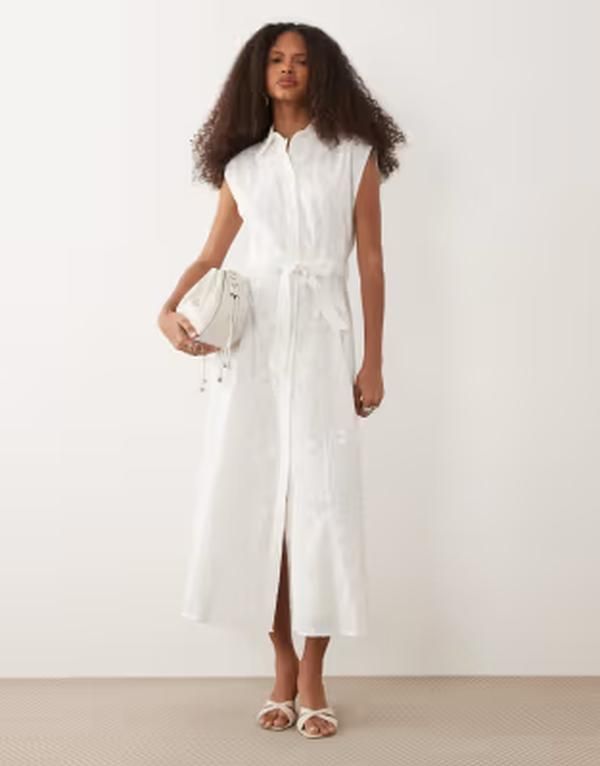 マンゴ レディース トップス ワンピース ミディ シャツ コットン 刺繍 Mango 100 cotton embroidered tie waist midi shirt dress BEIGE ベ