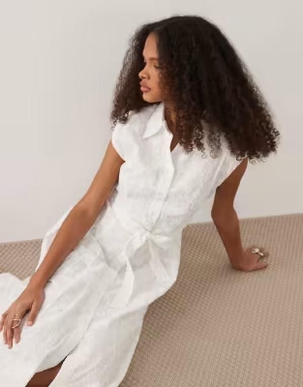 マンゴ レディース トップス ワンピース ミディ シャツ コットン 刺繍 Mango 100 cotton embroidered tie waist midi shirt dress BEIGE ベ