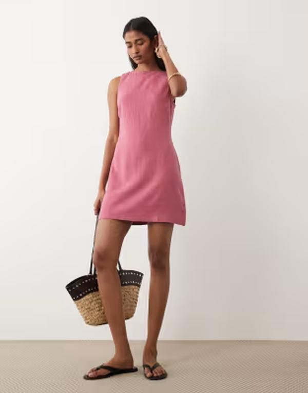 ミスセルフフリッジ レディース トップス ワンピース リネン Misselfridge linen blend shift dress in raspberry ミスセルフフリッジ レディース トップス ワンピース リネン Misselfridge linen blend shift dress in raspberry