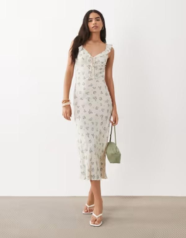 マンゴ レディース トップス ワンピース フラワー柄 フリル ノースリーブ マキシ フラワー Mango ruffle sleeveless maxi dress in cream floral BE