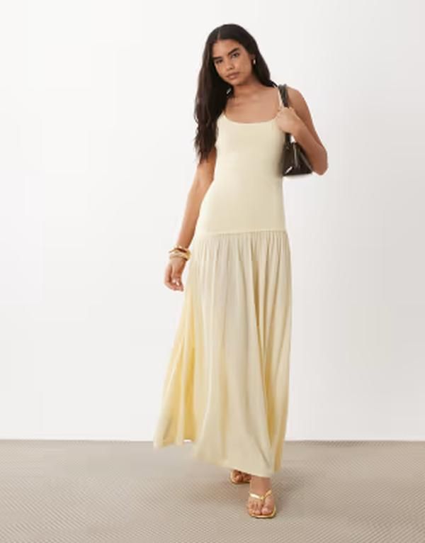 マンゴ レディース トップス ワンピース アシンメトリー マキシ Mango scoop neck asymmetric drop waist maxi dress in pastel yellow