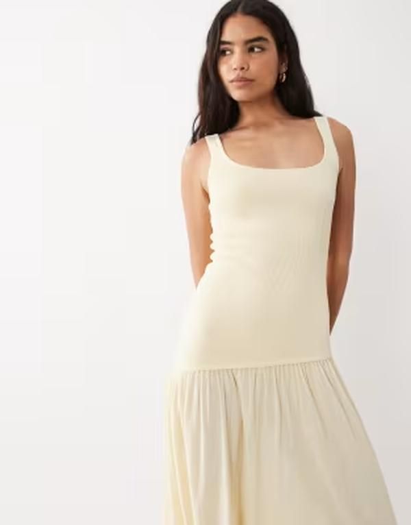 マンゴ レディース トップス ワンピース アシンメトリー マキシ Mango scoop neck asymmetric drop waist maxi dress in pastel yellow