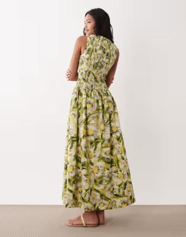 エイソス レディース トップス ワンピース プリント マキシ ASOS DESIGN crinkle scoop neck maxi sundress with shirred waist in ye