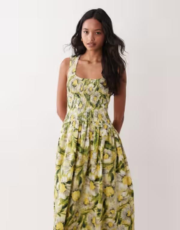 エイソス レディース トップス ワンピース プリント マキシ ASOS DESIGN crinkle scoop neck maxi sundress with shirred waist in ye
