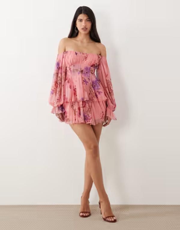 エイソス レディース トップス ワンピース フラワー柄 ミニ フラワー ASOS DESIGN double layer off shoulder godet mini dress floral Pi エイソス レディース トップス ワンピース フラワー柄 ミニ フラワー ASOS DESIGN double layer off shoulder godet mini dress floral Pi