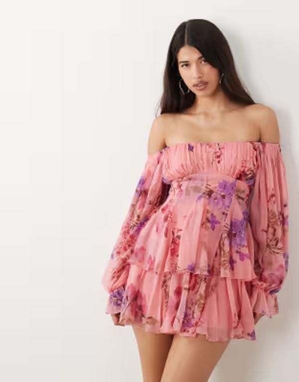 エイソス レディース トップス ワンピース フラワー柄 ミニ フラワー ASOS DESIGN double layer off shoulder godet mini dress floral Pi