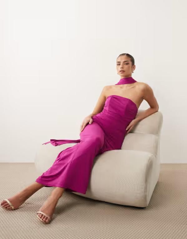 ティエフエヌシー レディース トップス ワンピース ギャザー ストラップレス マキシ TFNC slinky strapless ruched maxi dress with scarf in fuc