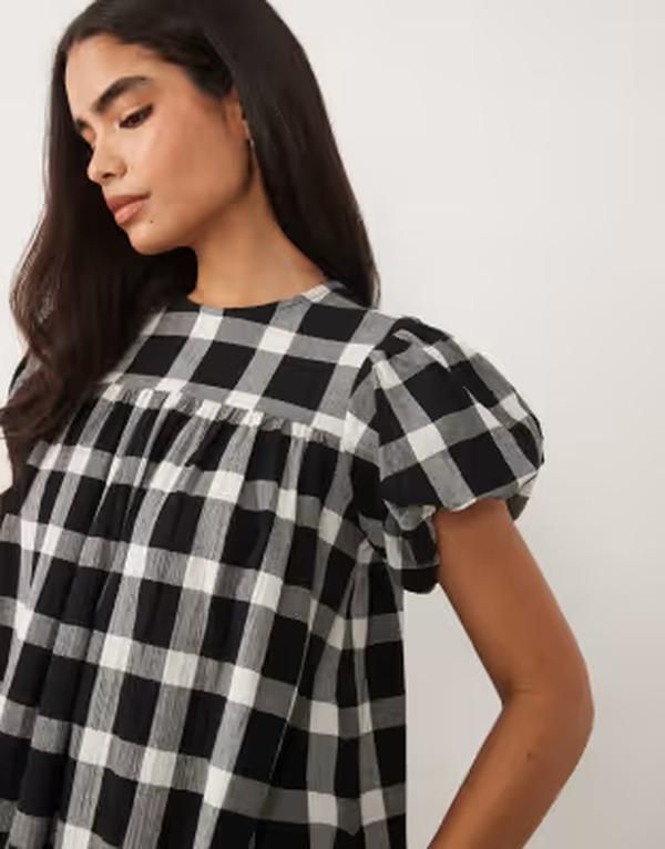 エイソス レディース トップス ワンピース ミニ ASOS DESIGN puff sleeve baby doll mini dress in mono check Mono check チェック