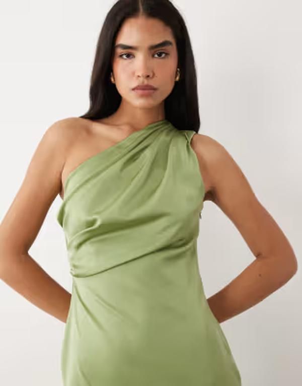 エイソス レディース トップス ワンピース サテン マキシ ASOS DESIGN one shoulder satin maxi dress with pleat detail in sage Gr