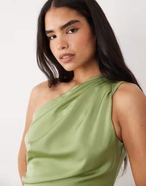 エイソス レディース トップス ワンピース サテン マキシ ASOS DESIGN one shoulder satin maxi dress with pleat detail in sage Gr