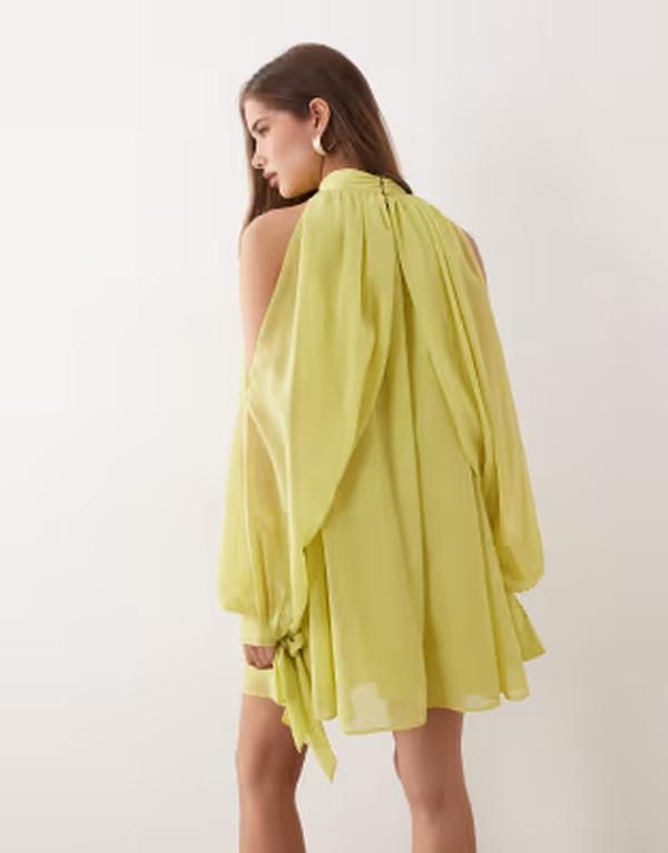 エイソス レディース トップス ワンピース シフォン ハイネック ミニ ASOS DESIGN high neck chiffon mini dress with open sleeve in lim