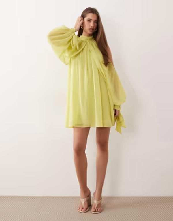 エイソス レディース トップス ワンピース シフォン ハイネック ミニ ASOS DESIGN high neck chiffon mini dress with open sleeve in lim