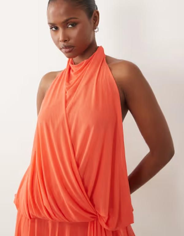 エイソス レディース トップス ワンピース ドレープ ミニ メッシュ ホルター ASOS DESIGN halter neck draped mesh mini dress in coral コーラル エイソス レディース トップス ワンピース ドレープ ミニ メッシュ ホルター ASOS DESIGN halter neck draped mesh mini dress in coral コーラル