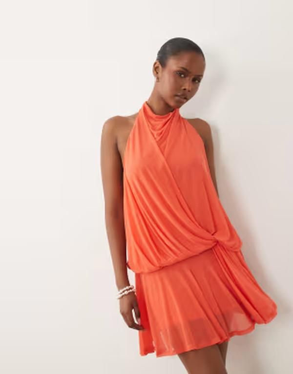 エイソス レディース トップス ワンピース ドレープ ミニ メッシュ ホルター ASOS DESIGN halter neck draped mesh mini dress in coral コーラル エイソス レディース トップス ワンピース ドレープ ミニ メッシュ ホルター ASOS DESIGN halter neck draped mesh mini dress in coral コーラル