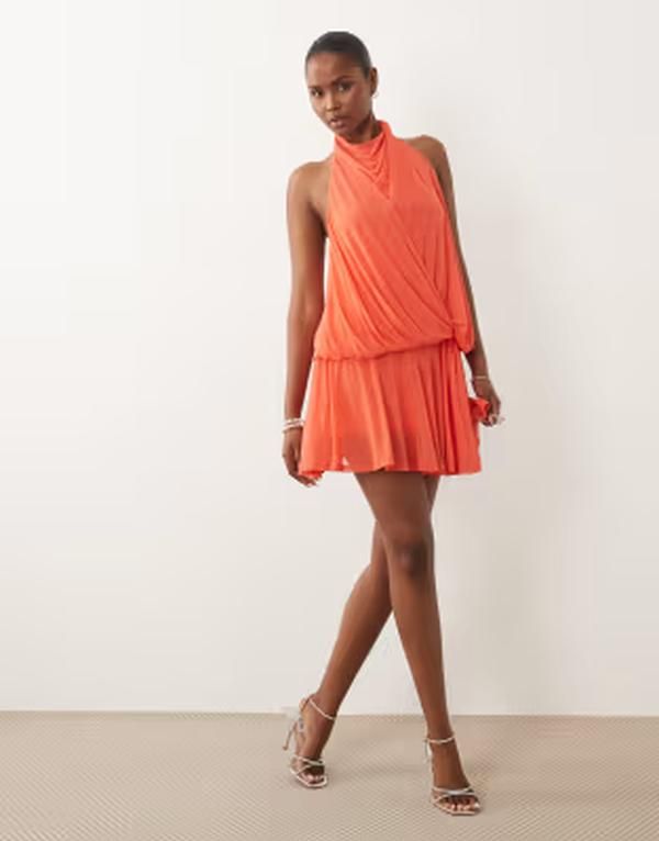 エイソス レディース トップス ワンピース ドレープ ミニ メッシュ ホルター ASOS DESIGN halter neck draped mesh mini dress in coral コーラル