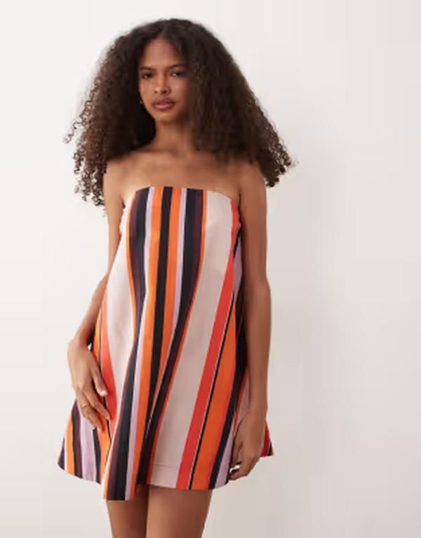 エイソス レディース トップス ワンピース ミニ コットン リネン ASOS DESIGN cotton linen bandeau mini sundress in orange and pink エイソス レディース トップス ワンピース ミニ コットン リネン ASOS DESIGN cotton linen bandeau mini sundress in orange and pink