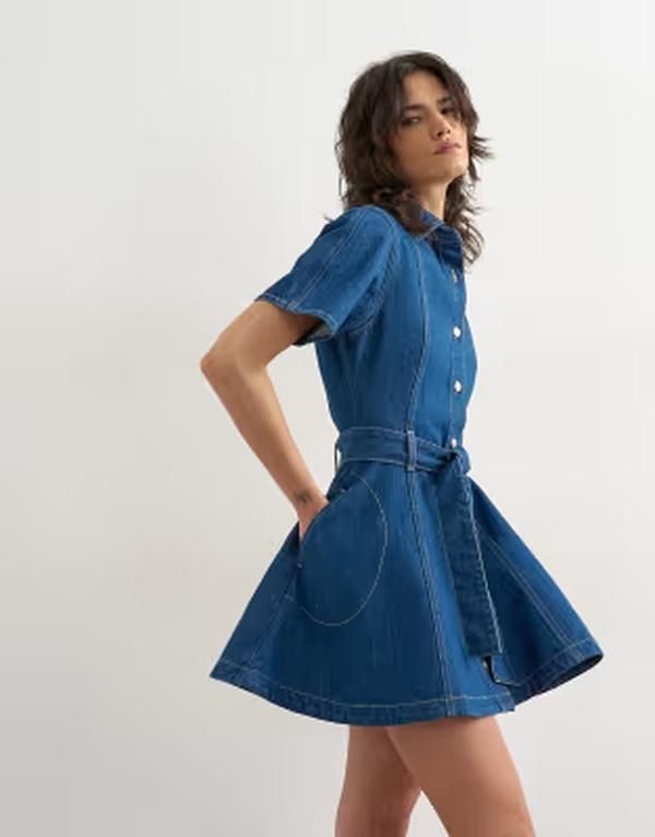 トップショップ レディース トップス ワンピース ミニ デニム Topshop denim short sleeve belted mini dress indigo rinse Indigo rin