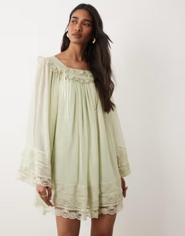 ミスセルフフリッジ レディース トップス ワンピース シフォン ミニ レース Misselfridge chiffon lace mini dress in sage セージ