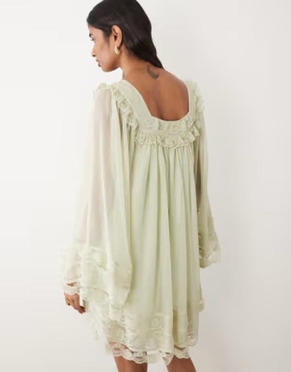 ミスセルフフリッジ レディース トップス ワンピース シフォン ミニ レース Misselfridge chiffon lace mini dress in sage セージ