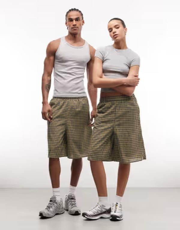コルージョン レディース ボトムス ハーフパンツ・ショーツ ギンガムチェック ショートパンツ ギンガム COLLUSION Unisex longline shorts gingham Green g