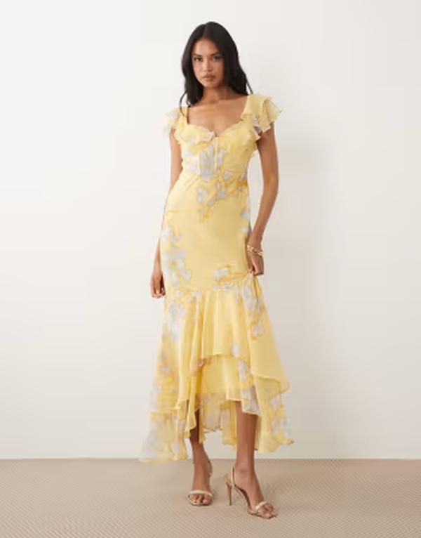 エイソス レディース トップス ワンピース フラワー柄 プリント マキシ フラワー ASOS DESIGN frill sleeve maxi dress with fishtail hem in y